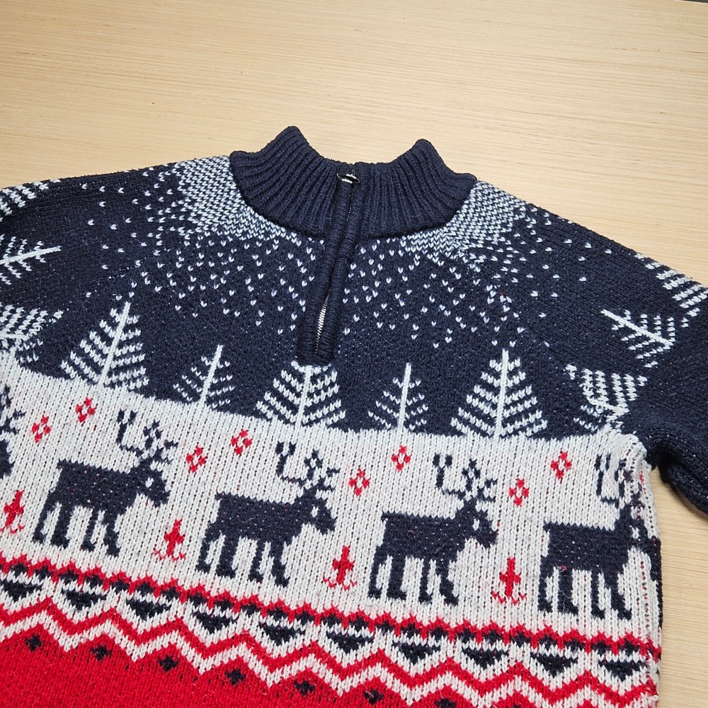 Simply Southern Reindeer Fair Isle Quarter Zip Sweater L Blue Red Holiday